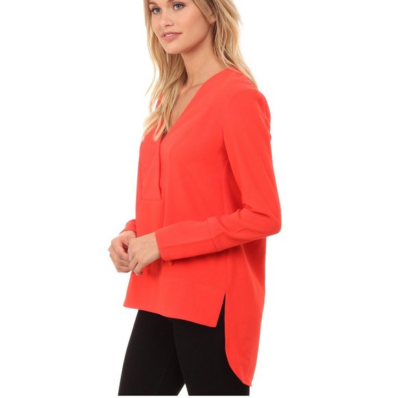 French Connection Arrow Crepe Long Sleeve V-Neck Top in Red - Picture 1 of 4
